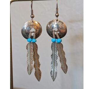 Vintage Native American Navajo Concho Turquoise Bead Feather Dangle Earrings